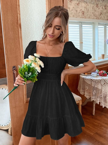 Trendsi Puff Sleeve Mini Dress in Black with a Square Neckline and Flared Skirt