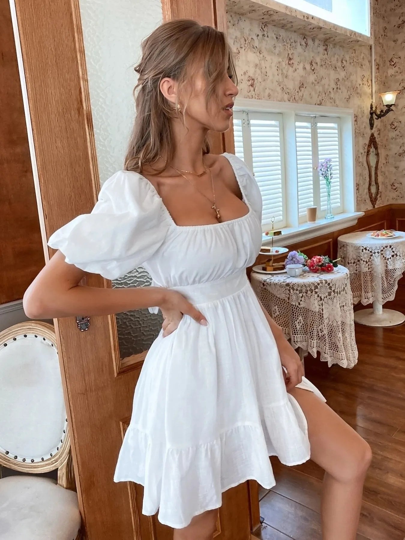 Trendsi Puff Sleeve Mini Dress in White with a Square Neckline and Ruffle Hem