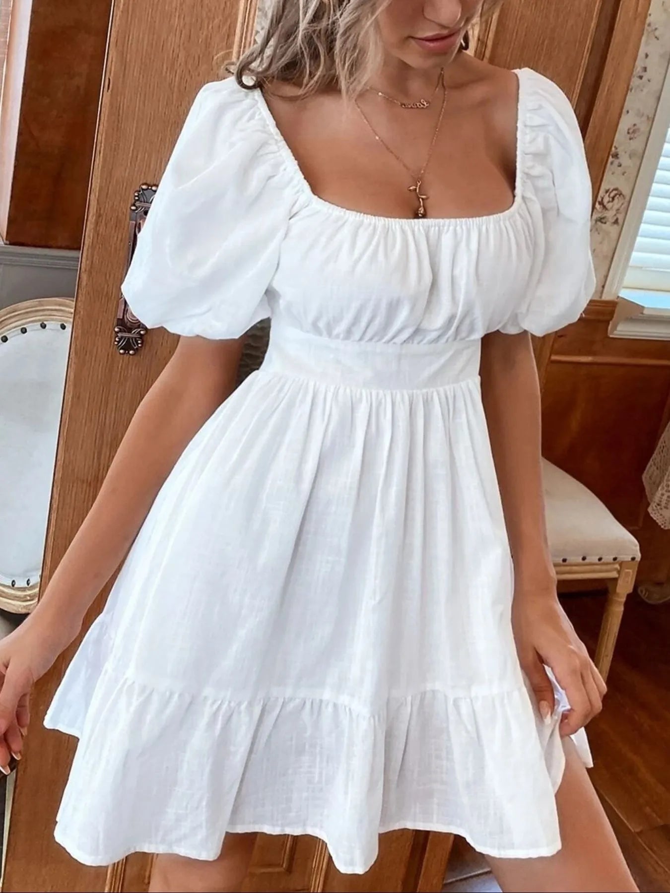 Trendsi Puff Sleeve Mini Dress in white with a square neckline and flared skirt for summer events