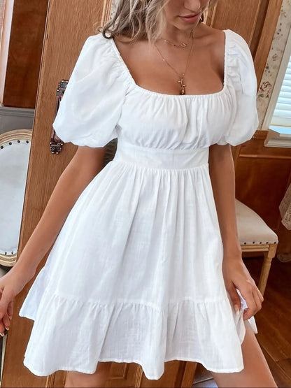 Trendsi Puff Sleeve Mini Dress in white with a square neckline and flared skirt for summer events