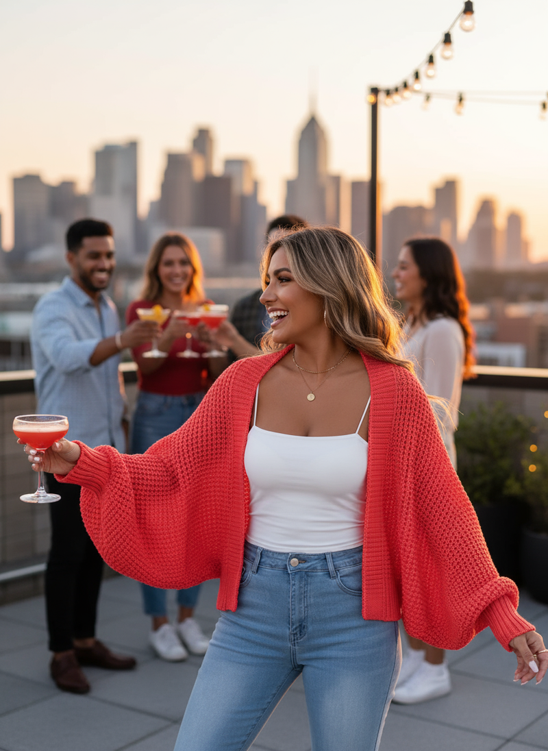 Red batwing cardigan - blonde at rooftop bar