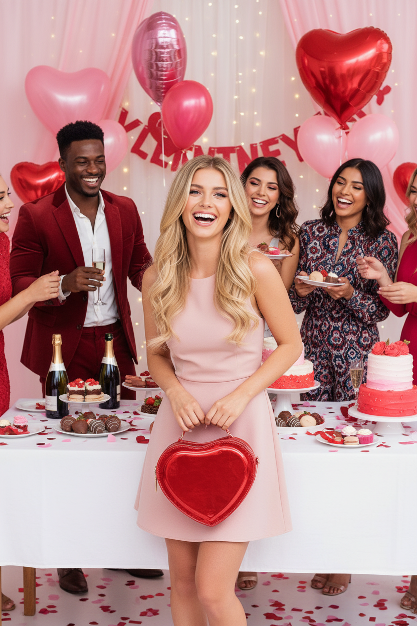 Red holographic heart bag at Valentine's party - Blonde model