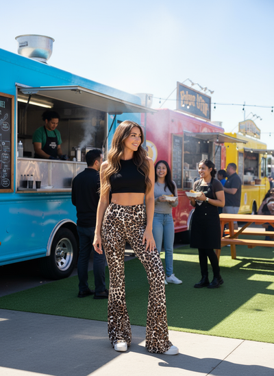 Red leopard print flare pants at food truck gathering