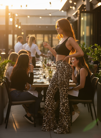 Red leopard print flare pants at restaurant patio