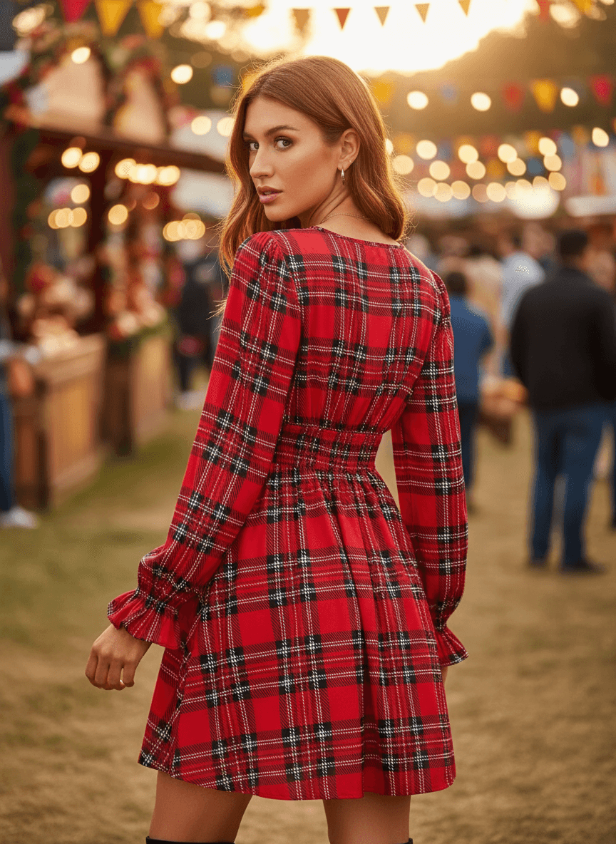 Red plaid dress full body back