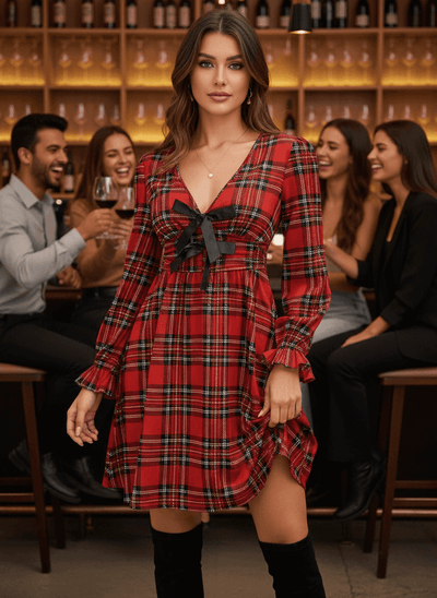 Plaid Mini Dress - V-Neck Tie Front Holiday Dress - Fashions Envy