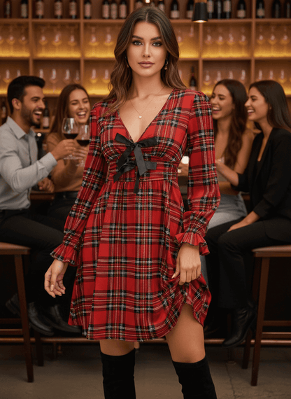 Plaid Mini Dress - V-Neck Tie Front Holiday Dress - Fashions Envy