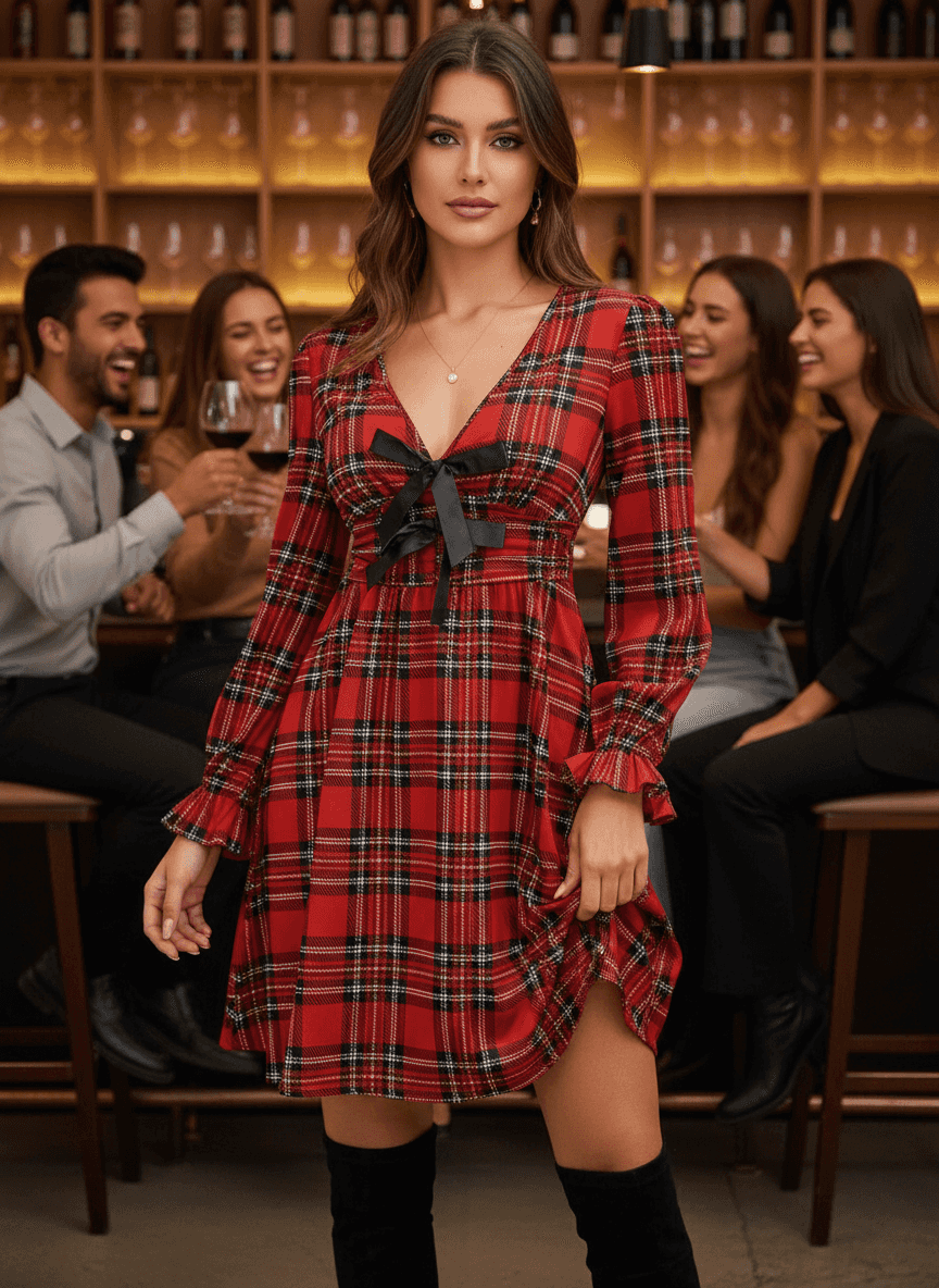 Plaid Mini Dress - V-Neck Tie Front Holiday Dress - Fashions Envy