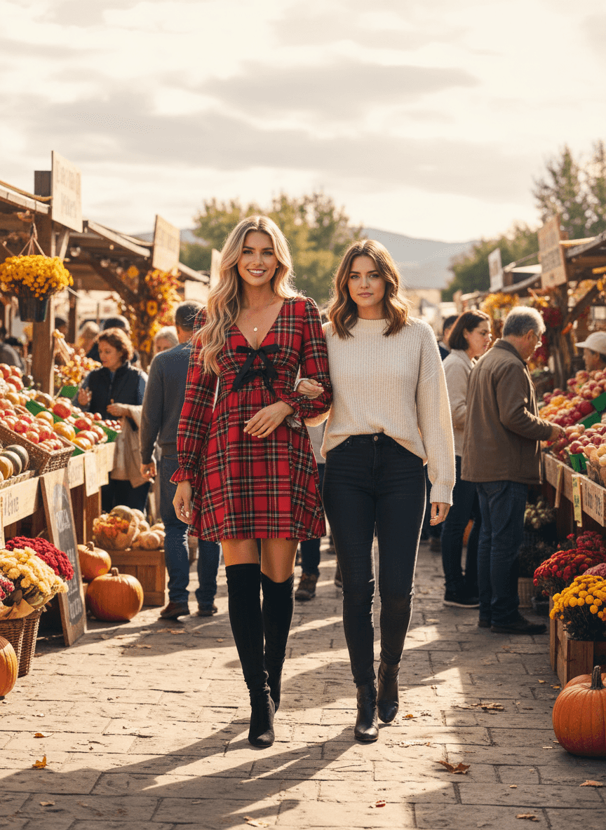 Plaid Mini Dress - V-Neck Tie Front Holiday Dress - Fashions Envy