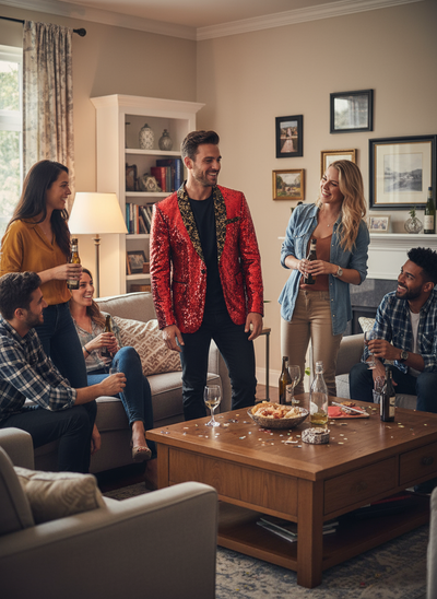 Red sequin blazer at house party