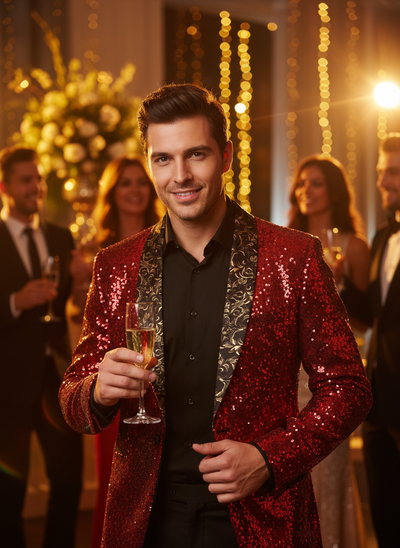 Red sequin blazer at party - closer framing