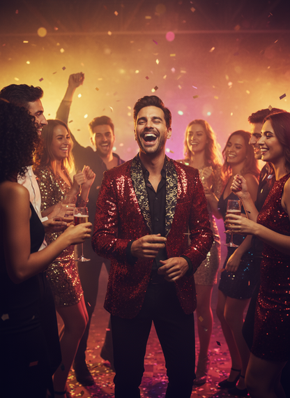 Red sequin blazer - candid party moment