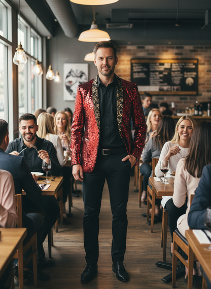 Red sequin blazer in restaurant