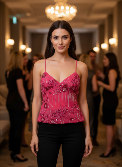 Red sequined cami with beaded fringe