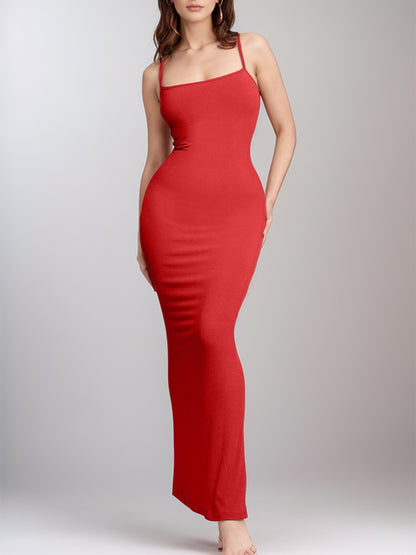 Trendsi sleeveless bodycon dress for women in red with spaghetti straps and long fitted design