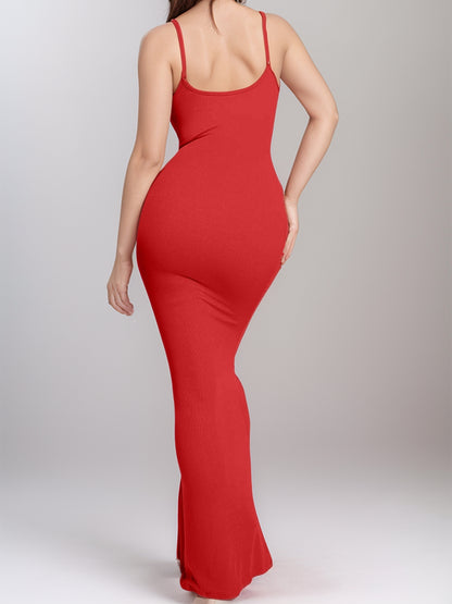 Trendsi sleeveless bodycon dress for women in red with spaghetti straps and fitted long design