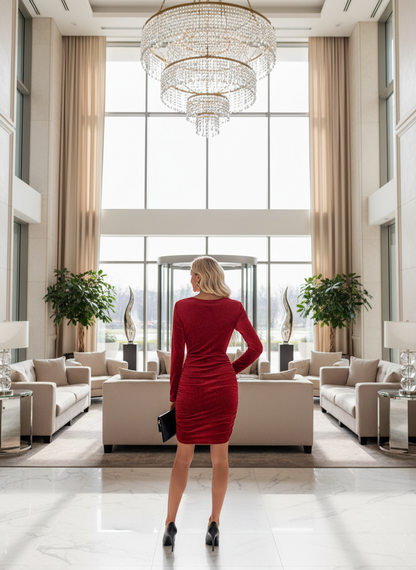 Red velvet cowl neck bodycon dress back view hotel lobby lifestyle