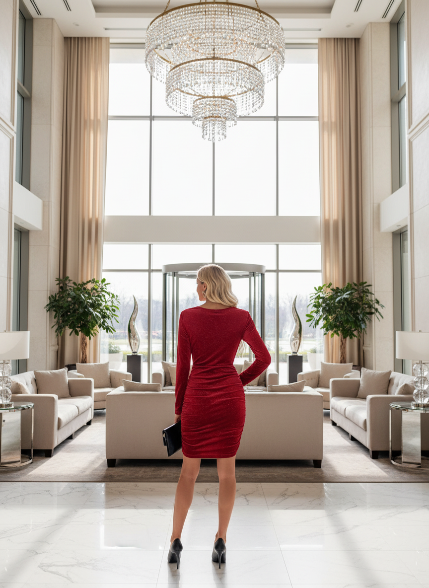 Red velvet cowl neck bodycon dress back view hotel lobby lifestyle