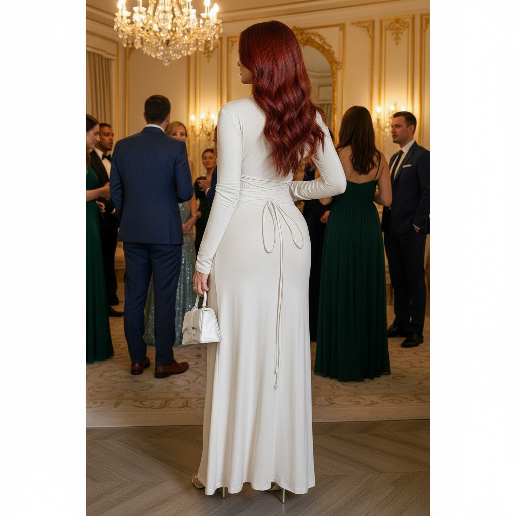 Redhead in WHITE ruched maxi dress - back view with tie detail - CORRECTED