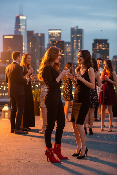 Redhead model at rooftop party with red studded boots