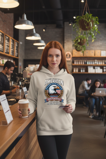 Redhead model in American Eagle 250 Years hoodie at coffee shop