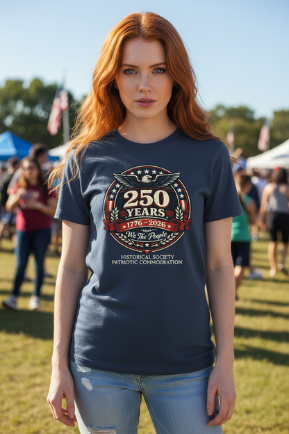 Redhead model in We The People 250 Years t-shirt at historical society