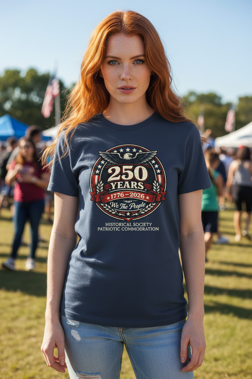 Redhead model in We The People 250 Years t-shirt at historical society