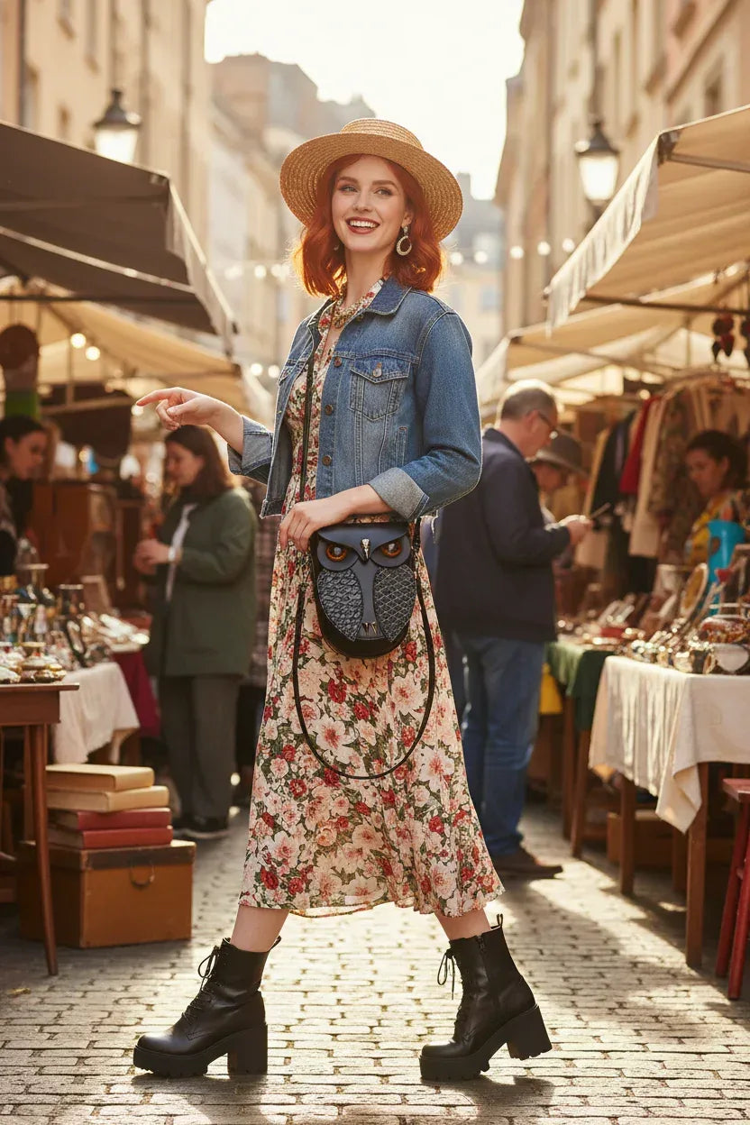 Redhead model with owl design leather crossbody bag - half body shot
