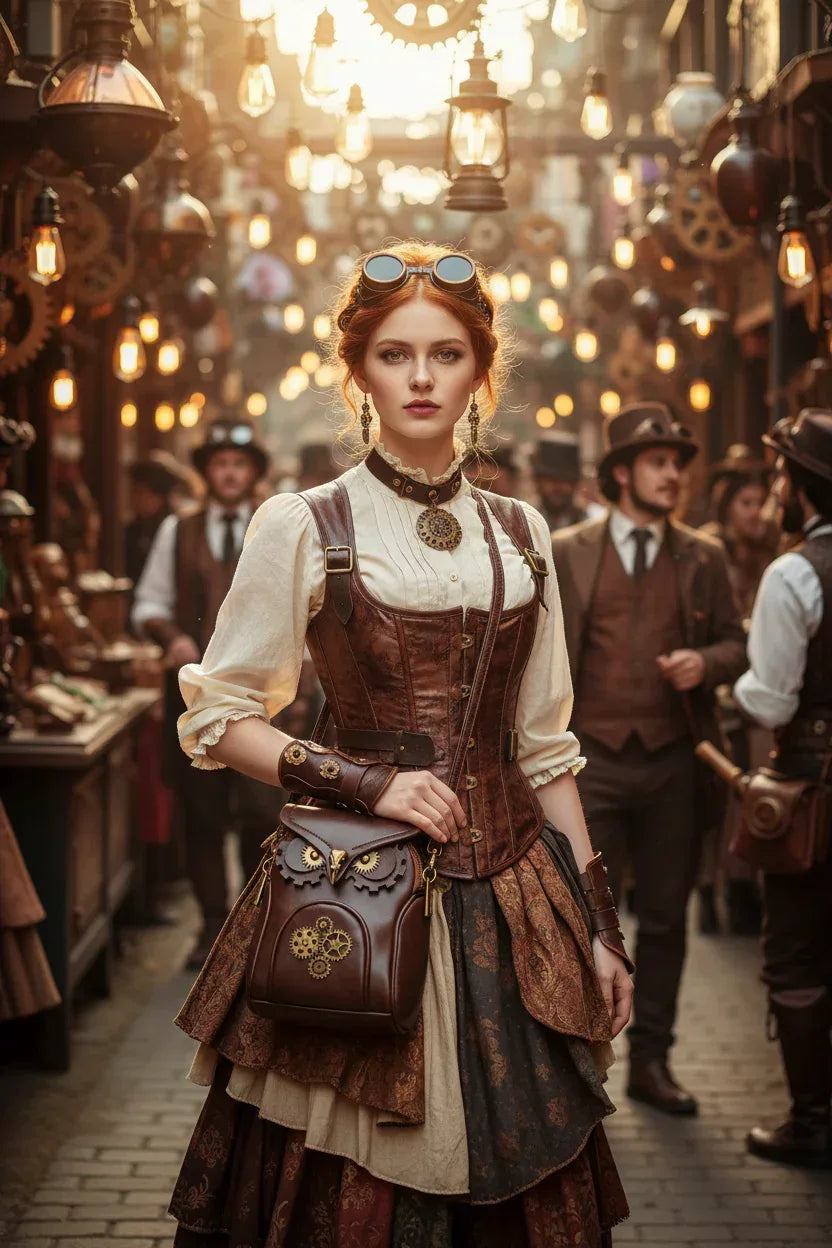 Redhead model with steampunk owl crossbody bag - half body detail shot