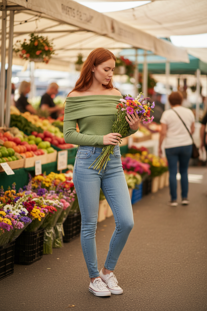 Redhead woman at farmers market wearing off-shoulder sweater