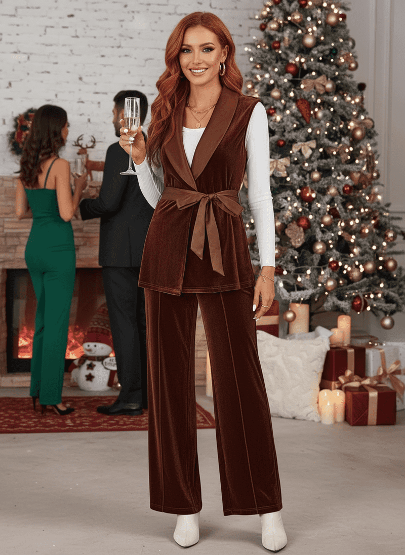 Velvet Two-Piece Set - Tie Waist Vest & Wide Leg Pants - Fashions Envy