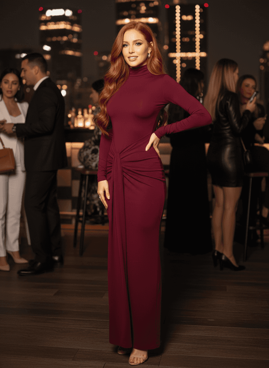Turtleneck Maxi Dress - Long Sleeve Slit Tie Waist Style - Fashions Envy