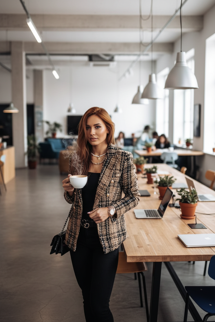 Redhead woman in co-working space wearing plaid tweed blazer