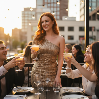Redhead woman in gold sequin dress at restaurant patio