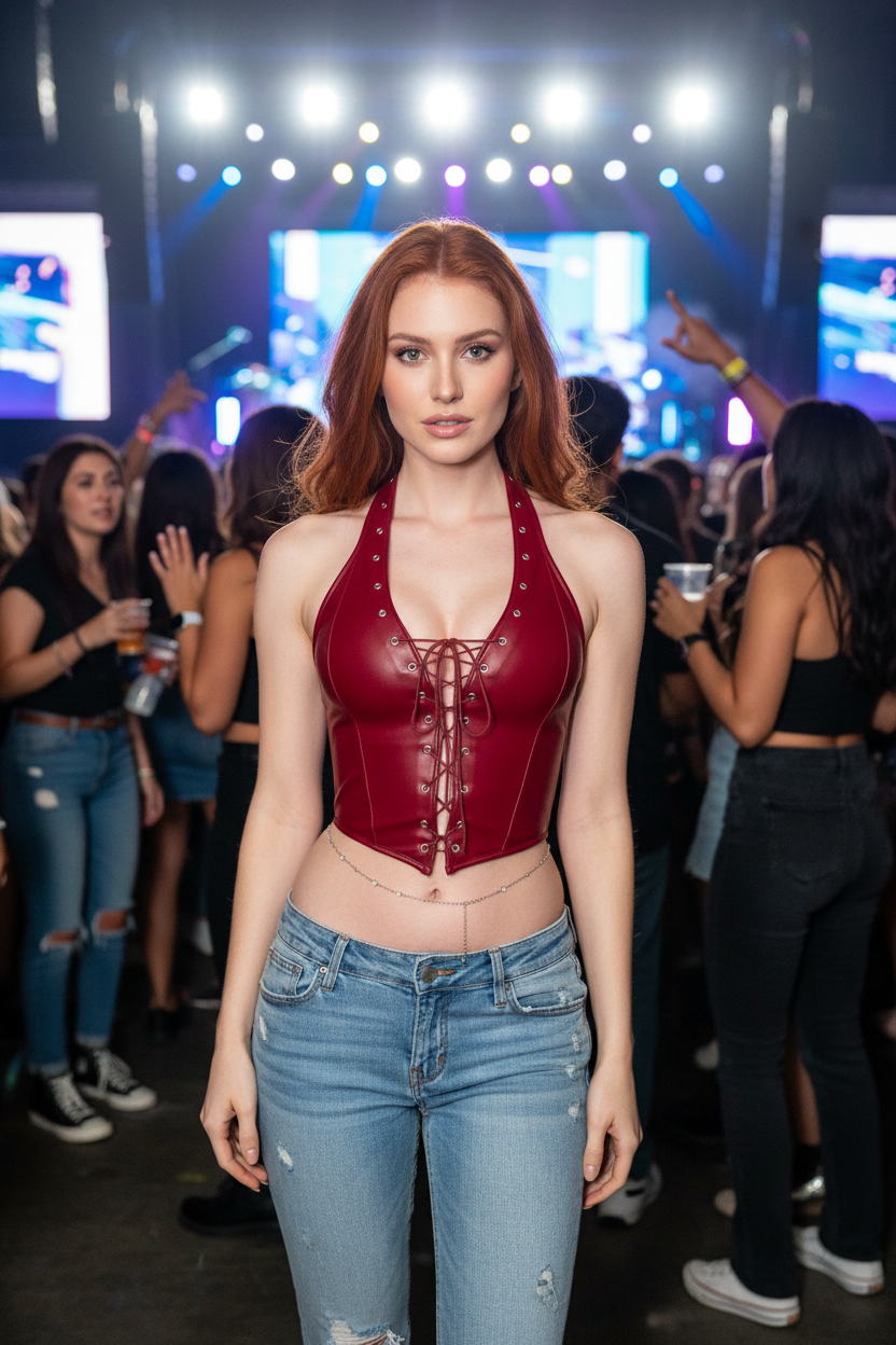 Redhead woman in halter lace-up corset top at concert venue