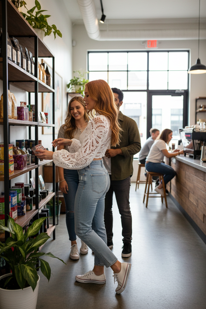 Redhead woman in long puff sleeve lace top at coffee shop side view