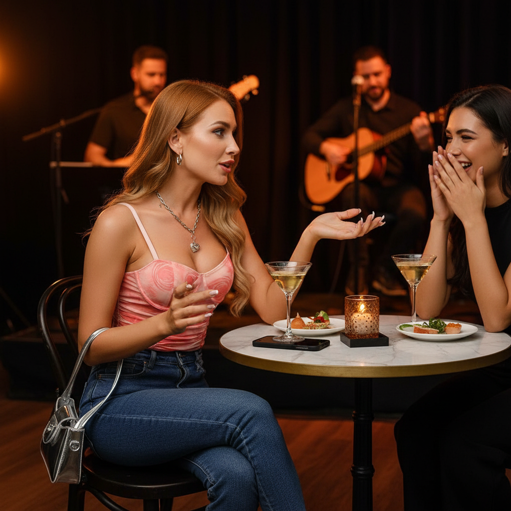Redhead woman in printed mesh bodysuit with jeans at jazz club