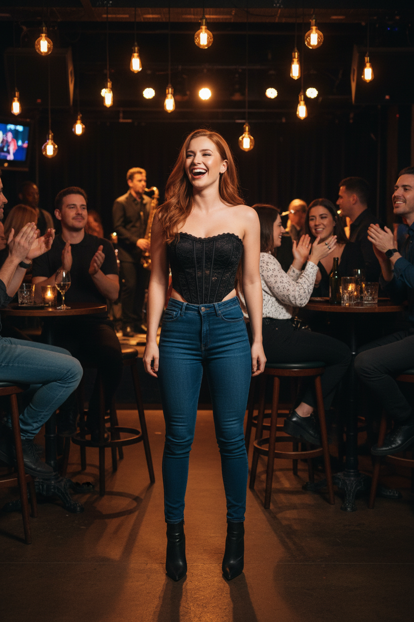 Redhead Woman Jazz Club - Black Lace Corset