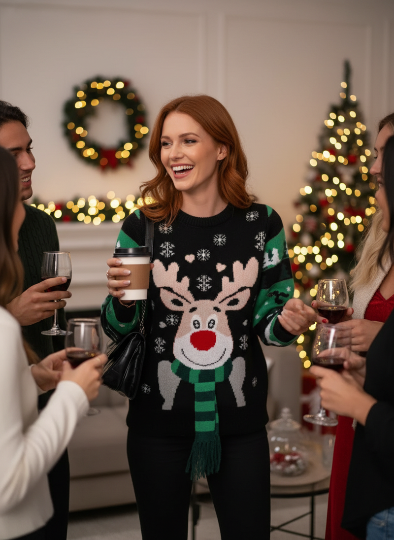 Reindeer Christmas Long Sleeve Sweater Lifestyle Image 3