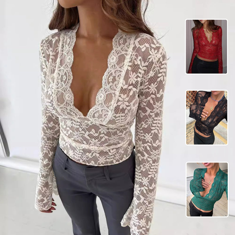 Trendsi white sheer lace blouse with scalloped deep V and fitted waist Y2K floral lace long sleeve top styled with gray pants