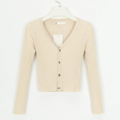 Beige Ribbed Crop Cardigan with Button Details and Long Sleeves for a Stylish Look