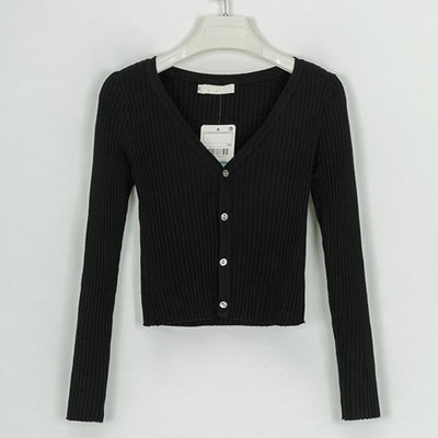 Black Ribbed Crop Cardigan with Button Closure and Long Sleeves for Casual Style