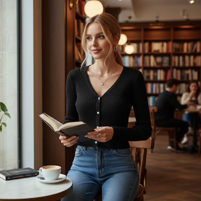 Woman reading in a cozy cafe wearing a Ribbed Crop Cardigan with button details and a stylish design