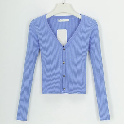 CJ Ribbed Crop Cardigan in Light Blue with V-Neck and Button Front for a Stylish Layering Option