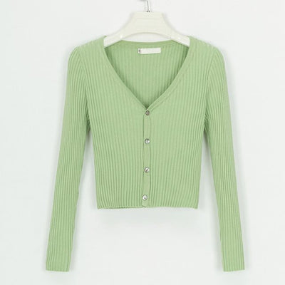 Light green Ribbed Crop Cardigan with a V-neck and button closure for a stylish layered look