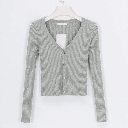 CJ Ribbed Crop Cardigan in Light Gray with V-Neck Design and Button Closure