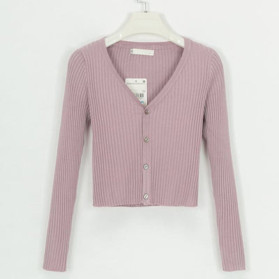 CJ Ribbed Crop Cardigan in Soft Purple with Button Front and Long Sleeves