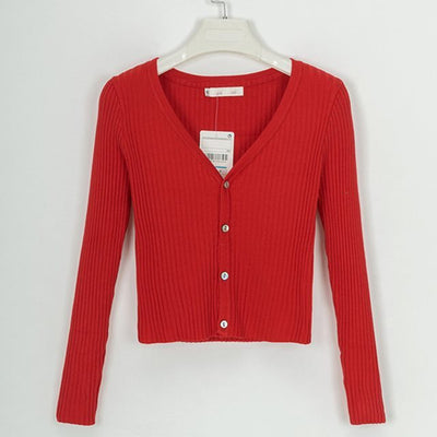 CJ Ribbed Crop Cardigan in Bright Red with Long Sleeves and Button Closure