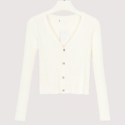 CJ Ribbed Crop Cardigan in white with a v-neck and button closure for stylish layering