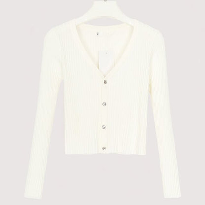 CJ Ribbed Crop Cardigan in white with a v-neck and button closure for stylish layering